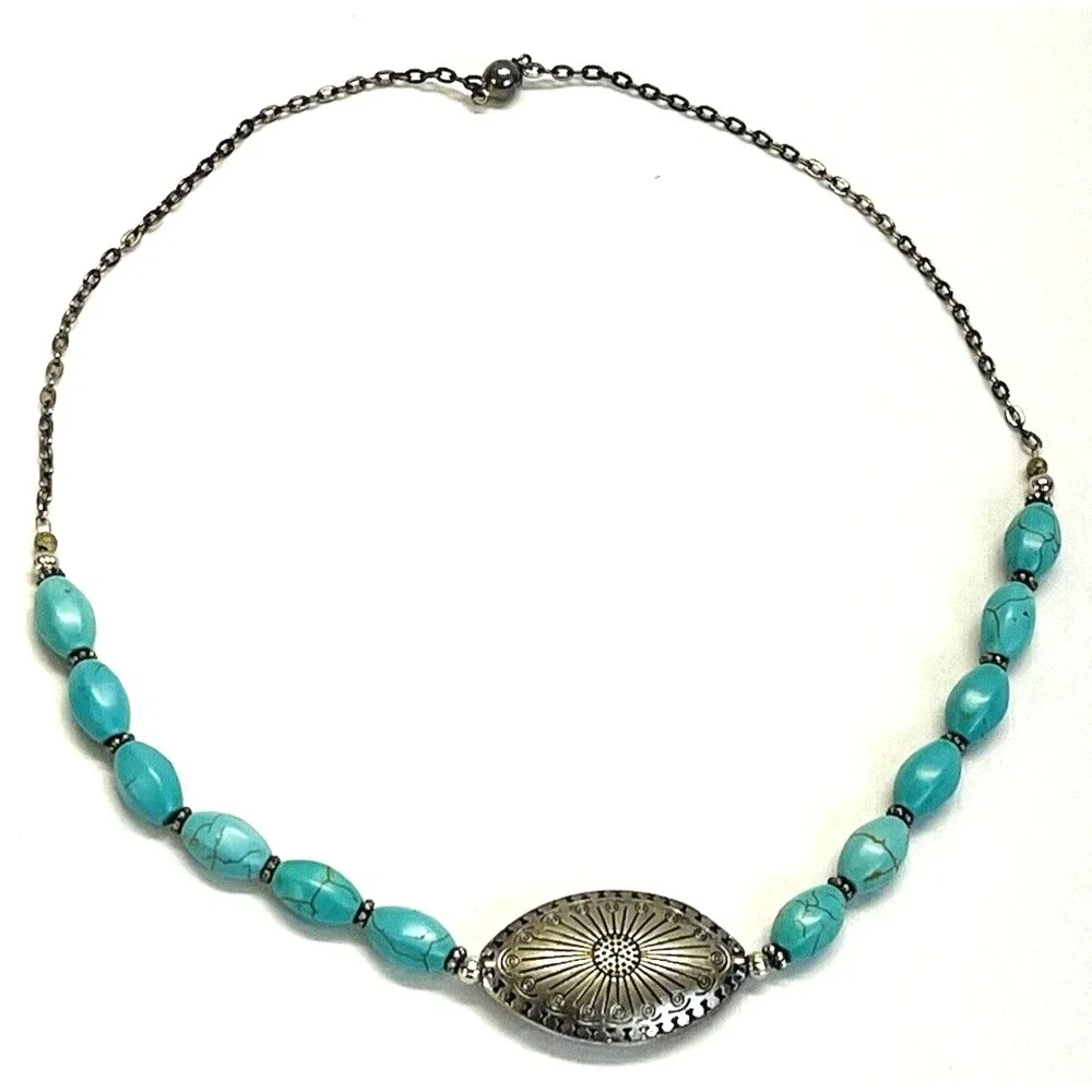 Western Necklace Turquoise Look Blue Elongated Beads Silver Tone Pendant Western